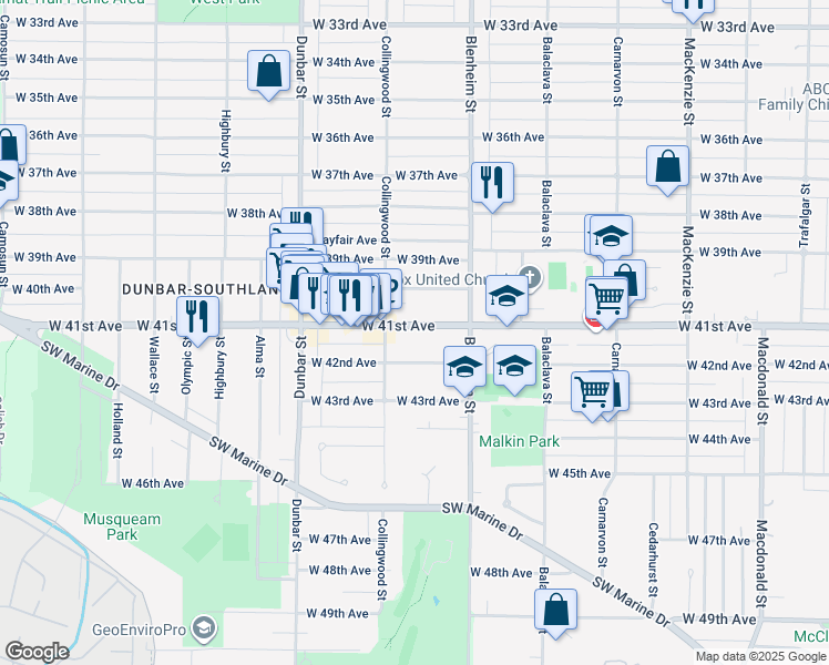 map of restaurants, bars, coffee shops, grocery stores, and more near 3416 West 41st Avenue in Vancouver