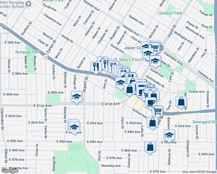 map of restaurants, bars, coffee shops, grocery stores, and more near 3130 Ivanhoe Street in Vancouver