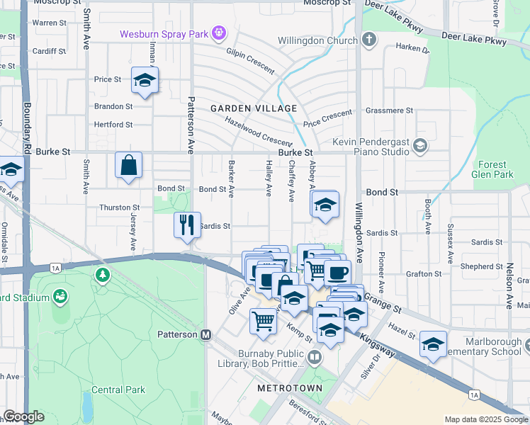 map of restaurants, bars, coffee shops, grocery stores, and more near 5525 Halley Avenue in Burnaby