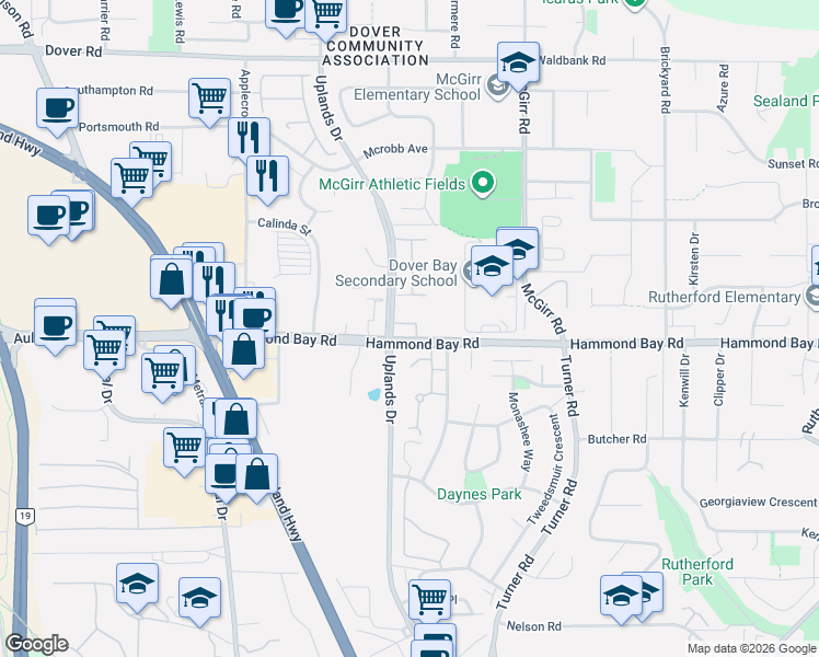 map of restaurants, bars, coffee shops, grocery stores, and more near 6045 Leah Lane in Nanaimo