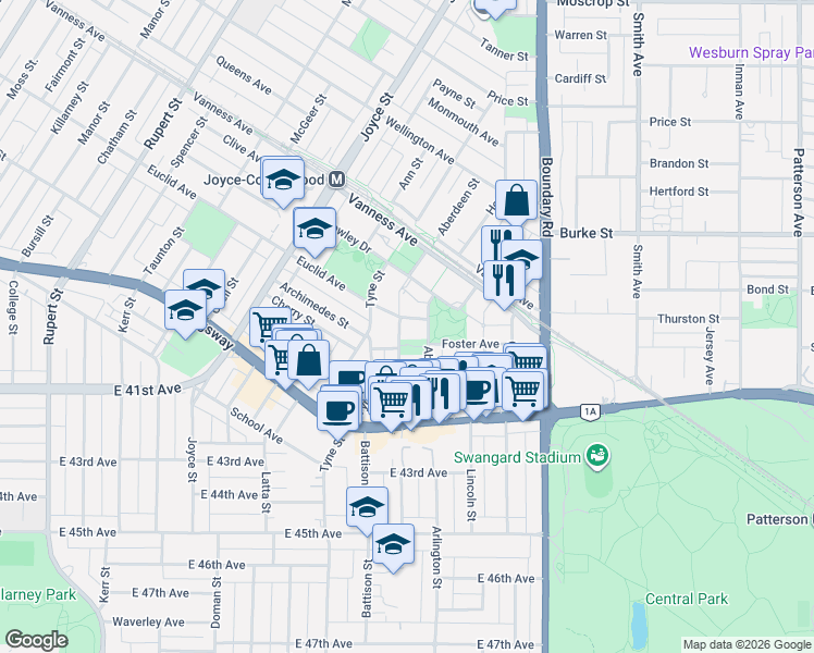 map of restaurants, bars, coffee shops, grocery stores, and more near 5430 Melbourne Street in Vancouver