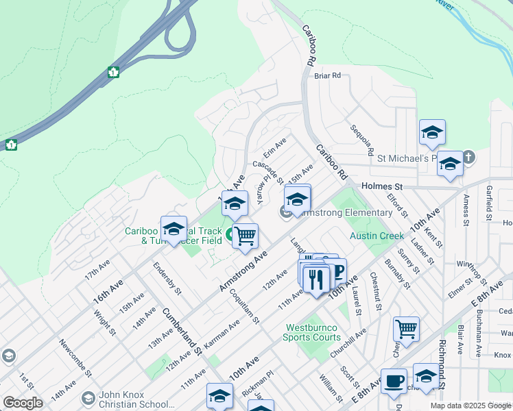 map of restaurants, bars, coffee shops, grocery stores, and more near 8707 Yarrow Place in Burnaby