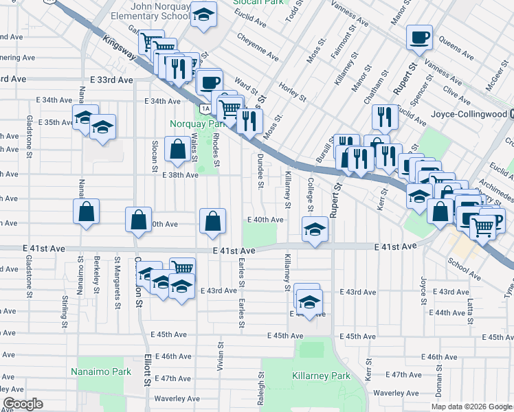 map of restaurants, bars, coffee shops, grocery stores, and more near 5521 Dundee Street in Vancouver