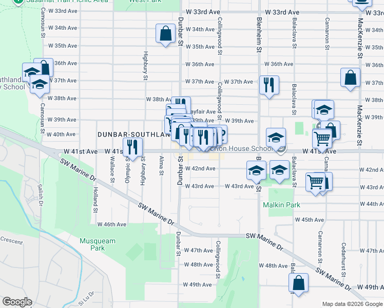 map of restaurants, bars, coffee shops, grocery stores, and more near 3580 West 41st Avenue in Vancouver