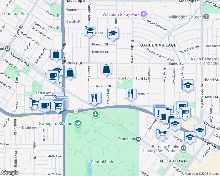map of restaurants, bars, coffee shops, grocery stores, and more near 5502 Jersey Avenue in Burnaby