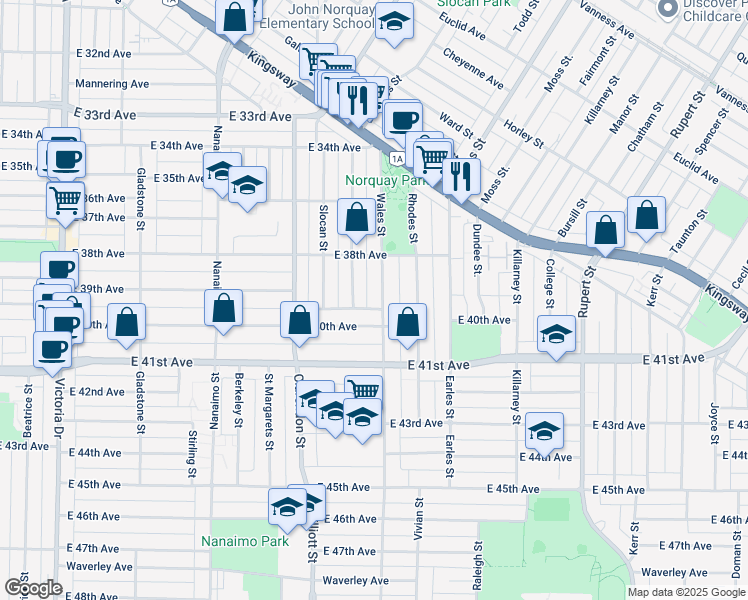 map of restaurants, bars, coffee shops, grocery stores, and more near 5537 Wales Street in Vancouver