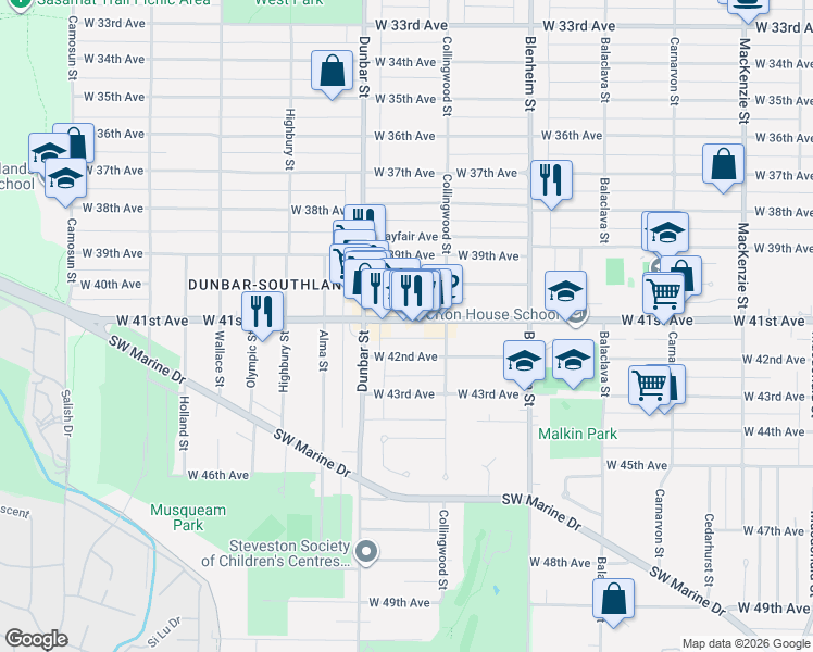 map of restaurants, bars, coffee shops, grocery stores, and more near 3558 West 41st Avenue in Vancouver