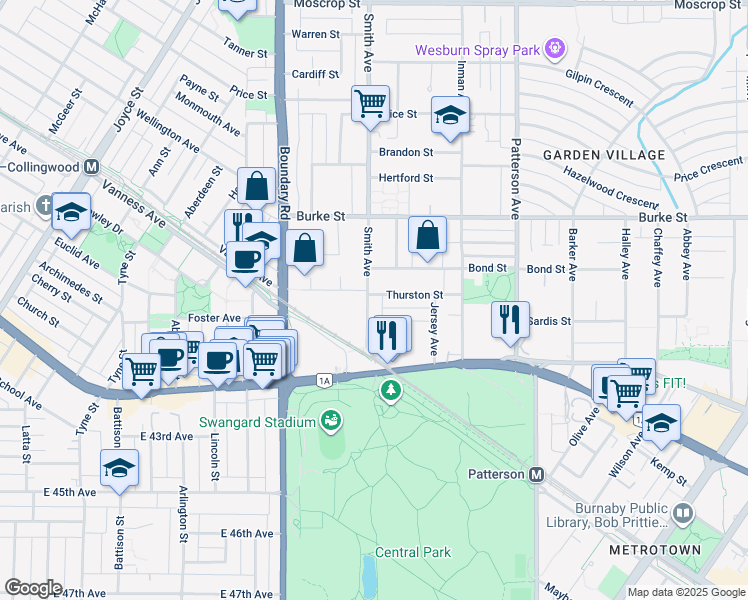map of restaurants, bars, coffee shops, grocery stores, and more near 5514 Smith Avenue in Burnaby