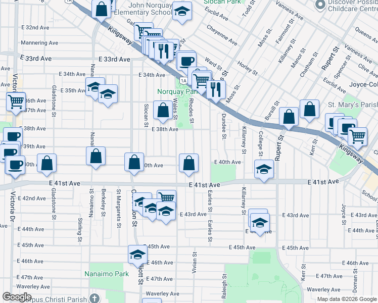 map of restaurants, bars, coffee shops, grocery stores, and more near 5523 Rhodes Street in Vancouver