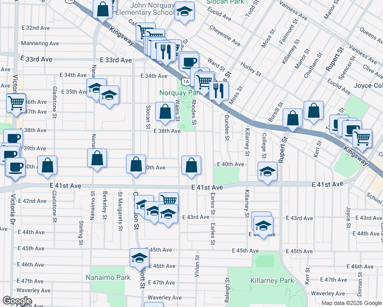 map of restaurants, bars, coffee shops, grocery stores, and more near 5523 Rhodes Street in Vancouver