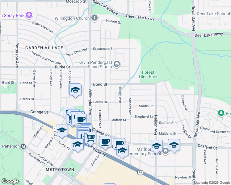 map of restaurants, bars, coffee shops, grocery stores, and more near 4657 Buxton Court in Burnaby