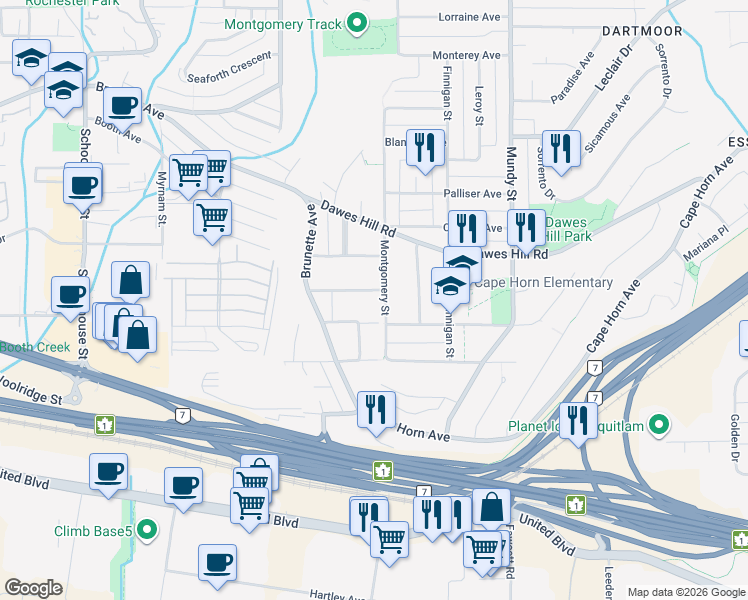 map of restaurants, bars, coffee shops, grocery stores, and more near 1986 Wiltshire Avenue in Coquitlam
