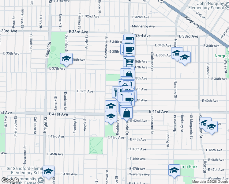 map of restaurants, bars, coffee shops, grocery stores, and more near 1893 East 39th Avenue in Vancouver