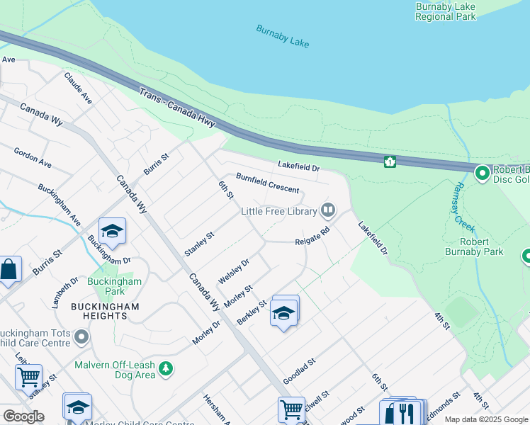 map of restaurants, bars, coffee shops, grocery stores, and more near 8225 Burnfield Crescent in Burnaby