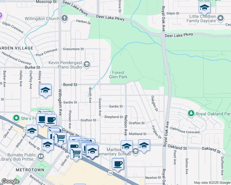 map of restaurants, bars, coffee shops, grocery stores, and more near 4825 Buxton Street in Burnaby