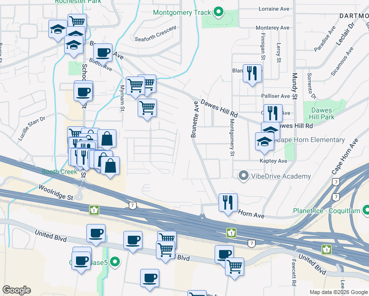 map of restaurants, bars, coffee shops, grocery stores, and more near 1846 Brunette Avenue in Coquitlam