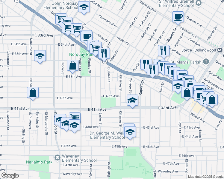 map of restaurants, bars, coffee shops, grocery stores, and more near 5512 Dundee Street in Vancouver