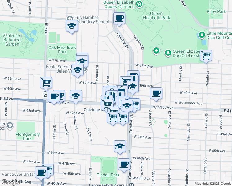 map of restaurants, bars, coffee shops, grocery stores, and more near 5609 Ash Street in Vancouver