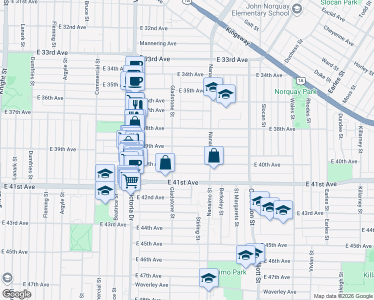 map of restaurants, bars, coffee shops, grocery stores, and more near 2240 East 39th Avenue in Vancouver