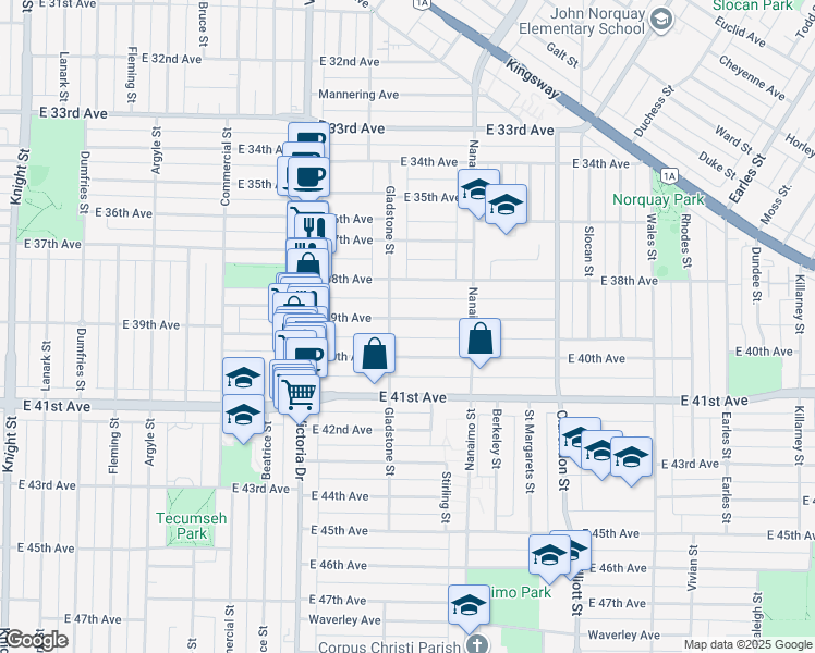 map of restaurants, bars, coffee shops, grocery stores, and more near 2218 East 39th Avenue in Vancouver