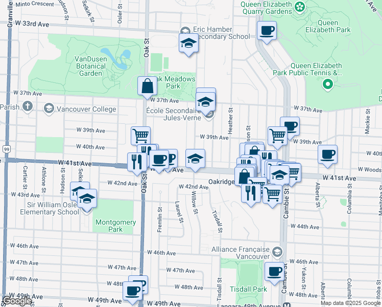 map of restaurants, bars, coffee shops, grocery stores, and more near 5603 Willow Street in Vancouver