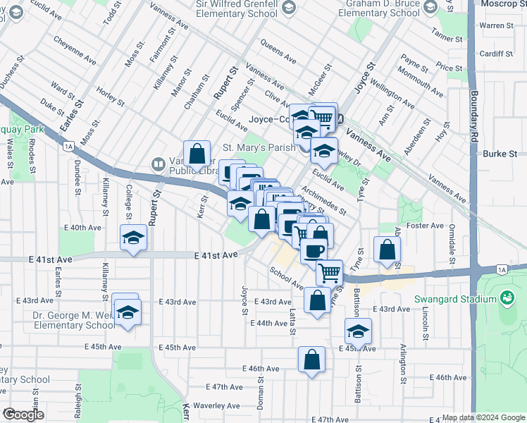 map of restaurants, bars, coffee shops, grocery stores, and more near 5520 Joyce Street in Vancouver