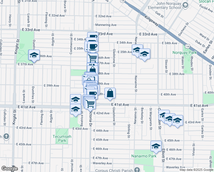 map of restaurants, bars, coffee shops, grocery stores, and more near 2140 East 39th Avenue in Vancouver