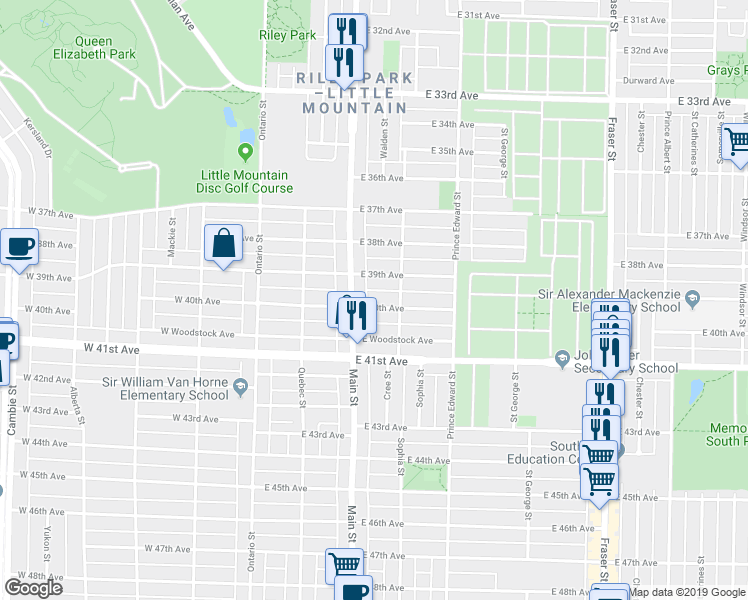 map of restaurants, bars, coffee shops, grocery stores, and more near 231 East 40th Avenue in Vancouver