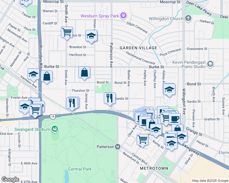 map of restaurants, bars, coffee shops, grocery stores, and more near 103 Patterson Avenue in Burnaby