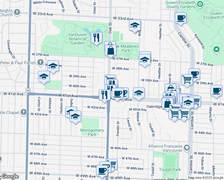 map of restaurants, bars, coffee shops, grocery stores, and more near 5650 Oak Street in Vancouver