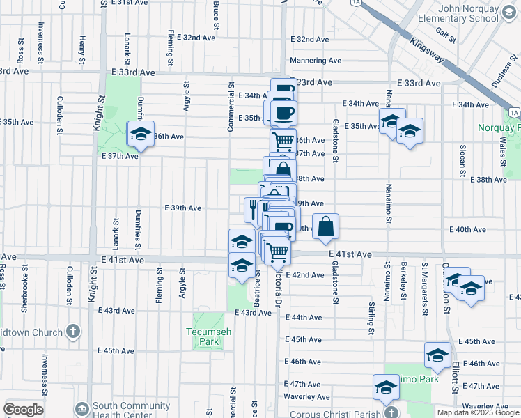map of restaurants, bars, coffee shops, grocery stores, and more near 1939 East 39th Avenue in Vancouver