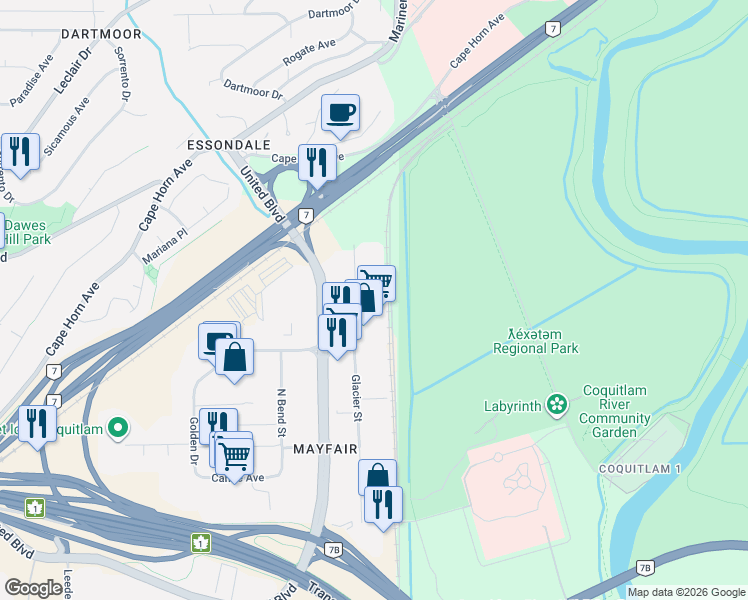 map of restaurants, bars, coffee shops, grocery stores, and more near 137 Glacier Street in Coquitlam