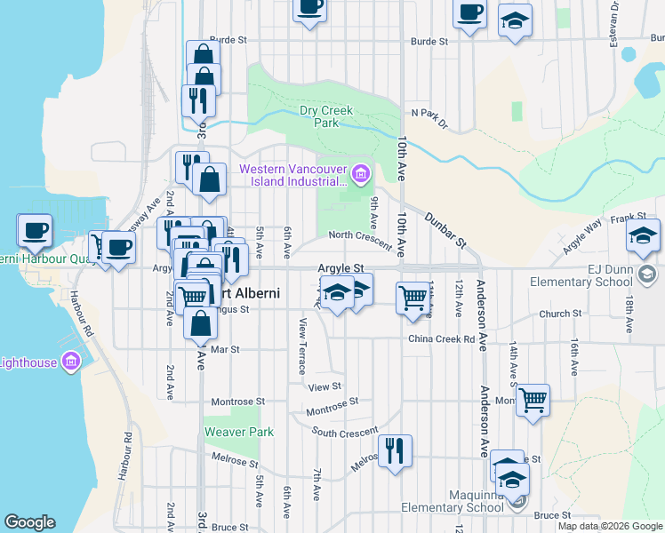 map of restaurants, bars, coffee shops, grocery stores, and more near South Street in Port Alberni