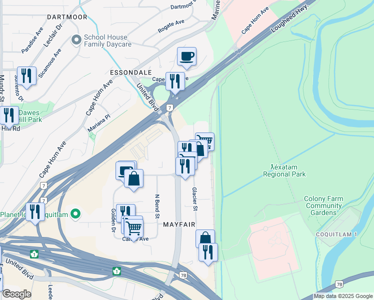 map of restaurants, bars, coffee shops, grocery stores, and more near 140 Glacier Street in Coquitlam