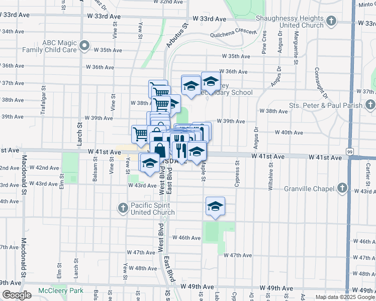 map of restaurants, bars, coffee shops, grocery stores, and more near 2049 West 41st Avenue in Vancouver