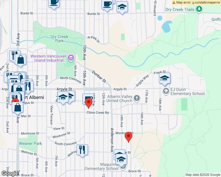 map of restaurants, bars, coffee shops, grocery stores, and more near Anderson Avenue in Port Alberni