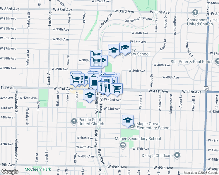 map of restaurants, bars, coffee shops, grocery stores, and more near 5670 East Boulevard in Vancouver