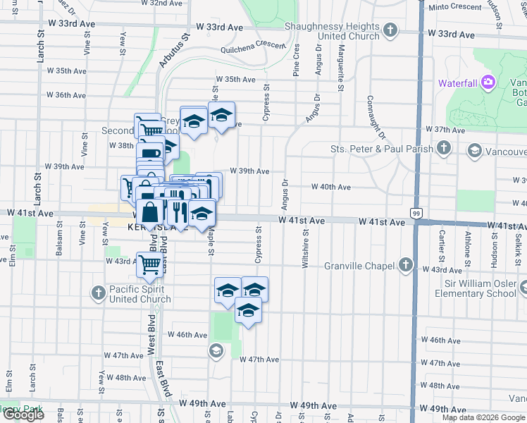 map of restaurants, bars, coffee shops, grocery stores, and more near 1883 West 41st Avenue in Vancouver