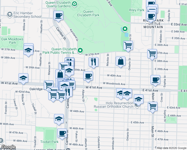 map of restaurants, bars, coffee shops, grocery stores, and more near 5592 Elizabeth Street in Vancouver