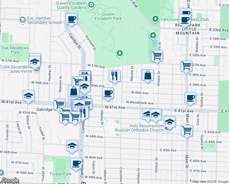 map of restaurants, bars, coffee shops, grocery stores, and more near 5592 Elizabeth Street in Vancouver