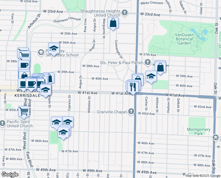 map of restaurants, bars, coffee shops, grocery stores, and more near 1655 West 41st Avenue in Vancouver