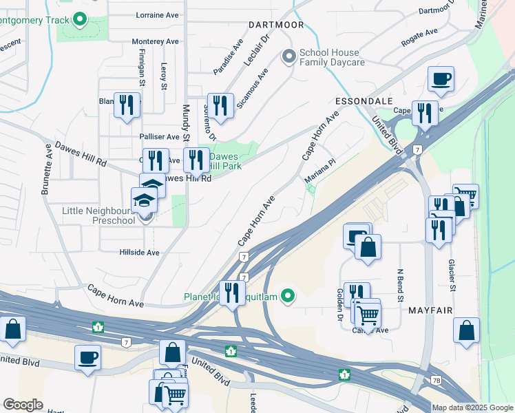 map of restaurants, bars, coffee shops, grocery stores, and more near 2337 Cape Horn Avenue in Coquitlam