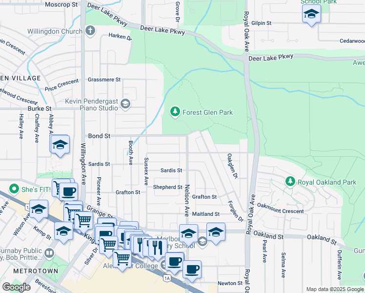 map of restaurants, bars, coffee shops, grocery stores, and more near 5469 Nelson Avenue in Burnaby