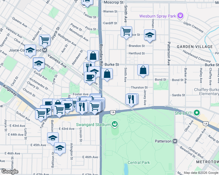 map of restaurants, bars, coffee shops, grocery stores, and more near 3728 Thurston Street in Burnaby