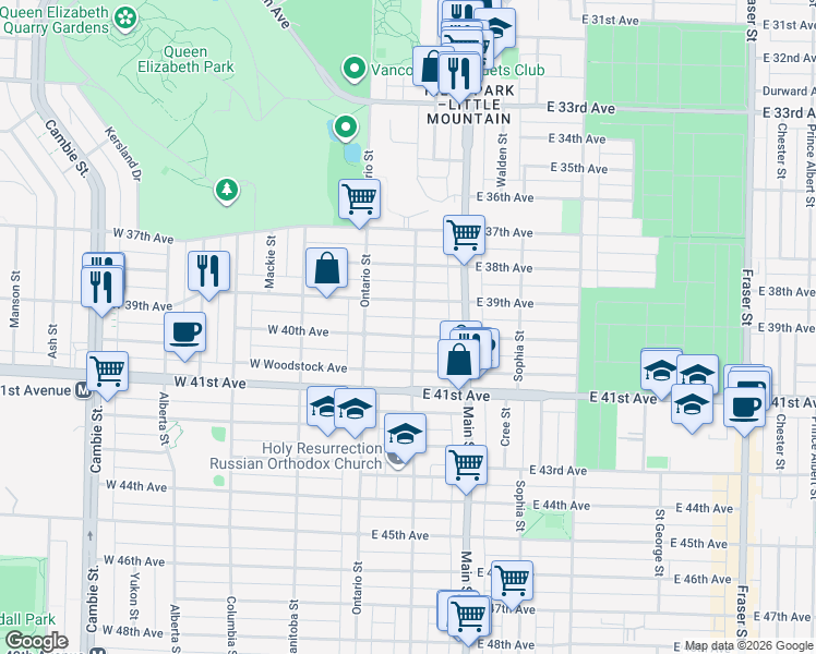 map of restaurants, bars, coffee shops, grocery stores, and more near 91 East 40th Avenue in Vancouver