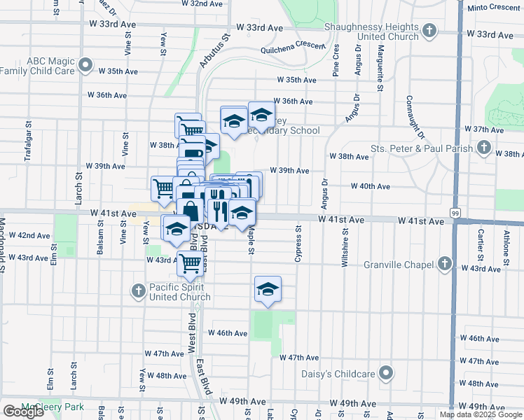 map of restaurants, bars, coffee shops, grocery stores, and more near in Vancouver