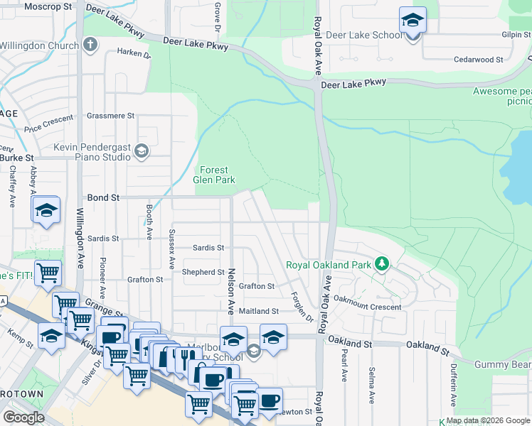 map of restaurants, bars, coffee shops, grocery stores, and more near 5480 Forglen Drive in Burnaby