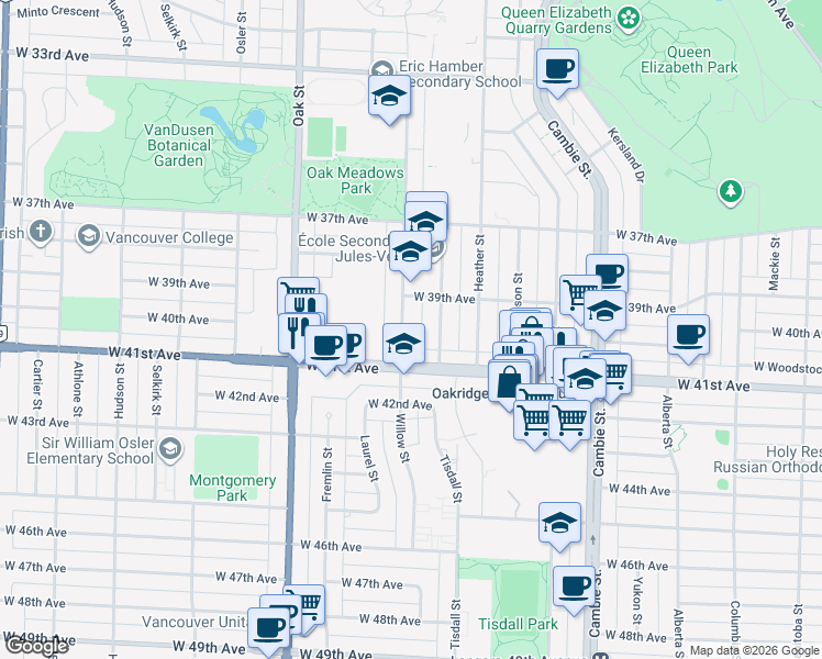 map of restaurants, bars, coffee shops, grocery stores, and more near 5606 Willow Street in Vancouver