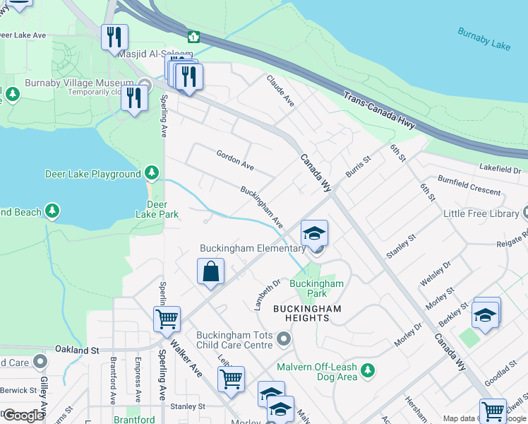 map of restaurants, bars, coffee shops, grocery stores, and more near 5775 Buckingham Avenue in Burnaby