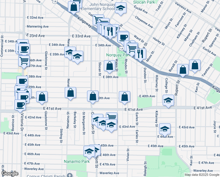 map of restaurants, bars, coffee shops, grocery stores, and more near 5508 Chambers Street in Vancouver